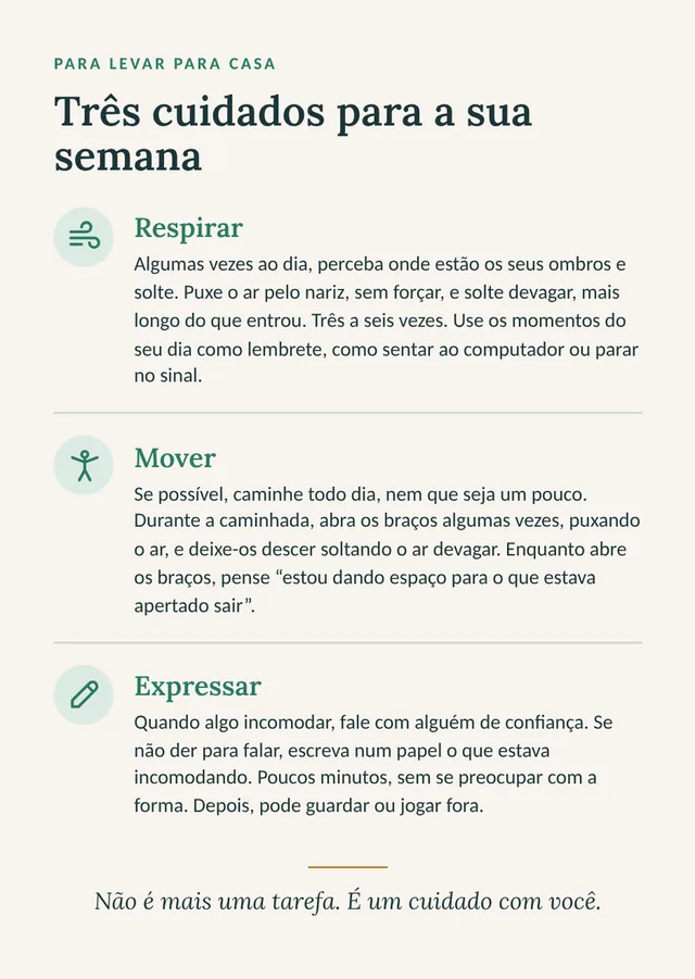 Cartão para a cliente com três cuidados para a semana, respirar, mover e expressar