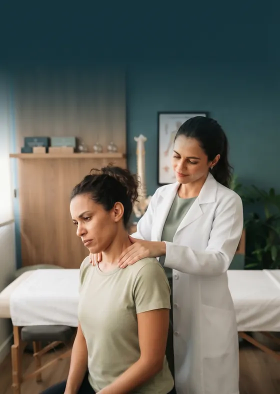 Fisioterapeuta de jaleco atendendo uma cliente sentada em um consultório.